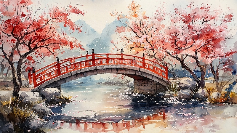 高清大图下载【趣麦麦图】红桥樱花水彩画