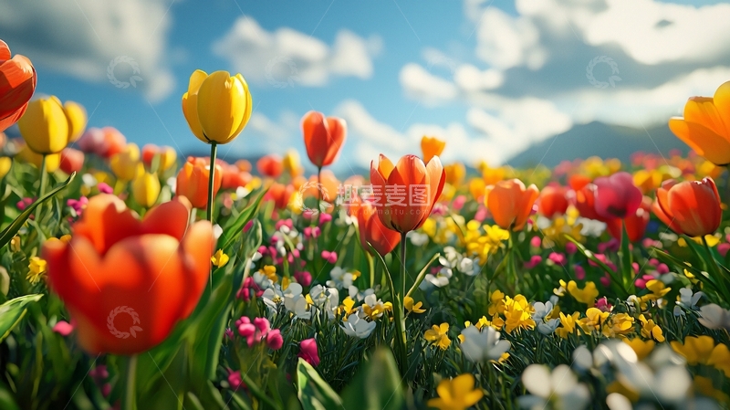 高清大图下载【趣麦麦图】阳光明媚的郁金香花田