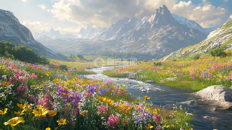 高清大图下载【趣麦麦图】山谷溪流鲜花盛开