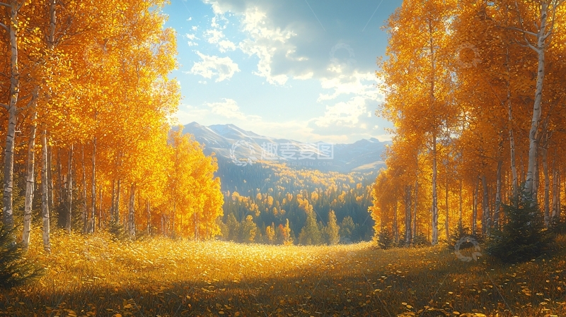 高清大图下载【趣麦麦图】秋日金黄白桦林
