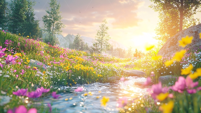 高清大图下载【趣麦麦图】阳光洒在山间溪流花海
