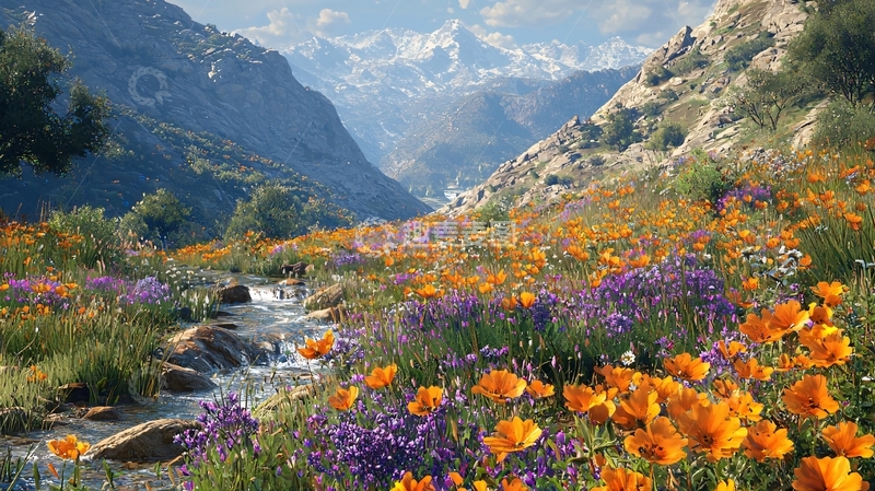 高清大图下载【趣麦麦图】山谷溪流野花盛开