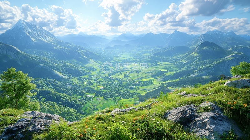 高清大图下载【趣麦麦图】阳光明媚的山谷全景图