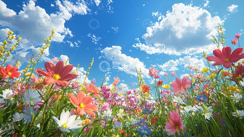 高清大图下载【趣麦麦图】蓝天白云下的彩色花田