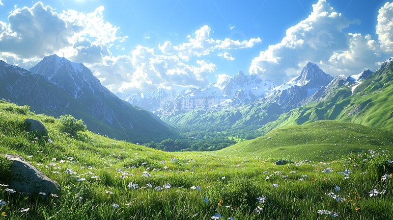 高清大图下载【趣麦麦图】阳光明媚的山谷草原