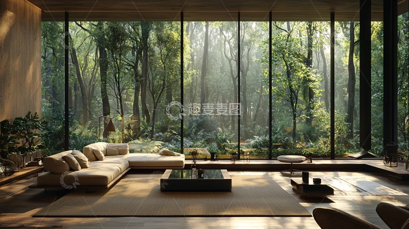高清大图下载【趣麦麦图】极简风格落地窗森林景观客厅