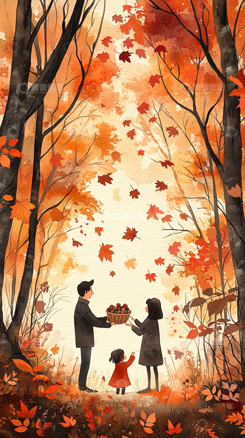 高清大图下载【趣麦麦图】秋季树林家庭