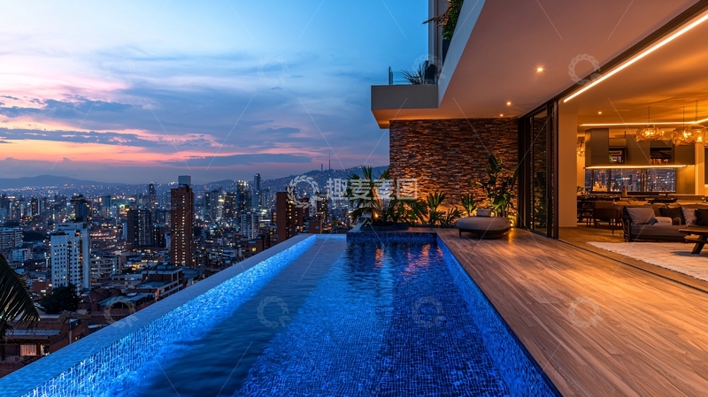高清大图下载【趣麦麦图】高层建筑无边泳池夜景