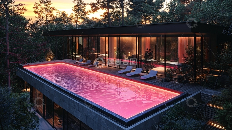 高清大图下载【趣麦麦图】森林别墅泳池夜景