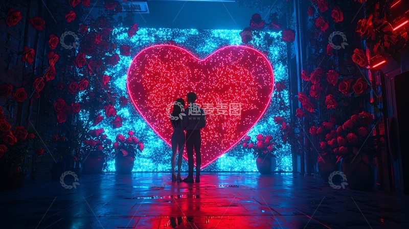 高清大图下载【趣麦麦图】霓虹灯下的情侣剪影