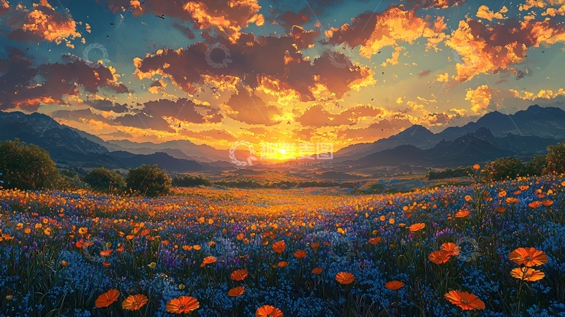高清大图下载【趣麦麦图】壮丽山川夕阳下的花海