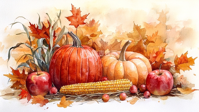 高清大图下载【趣麦麦图】水彩画南瓜苹果玉米丰收