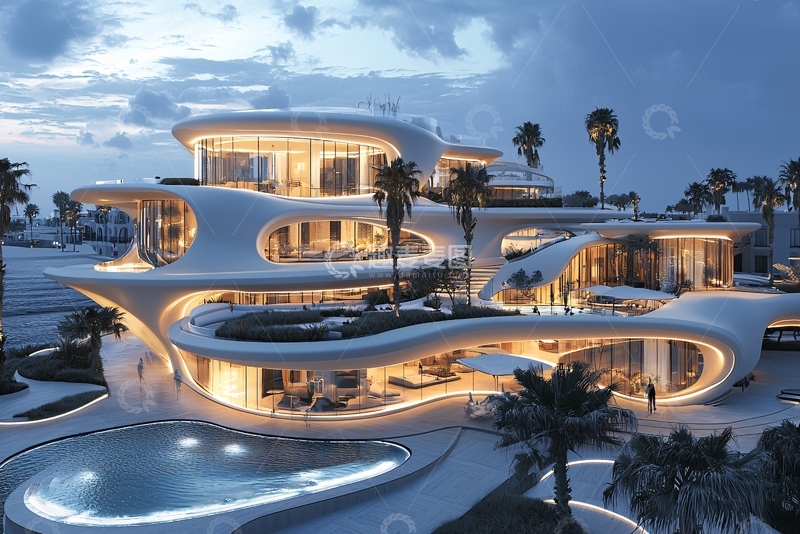 高清大图下载【趣麦麦图】未来感豪宅夜景