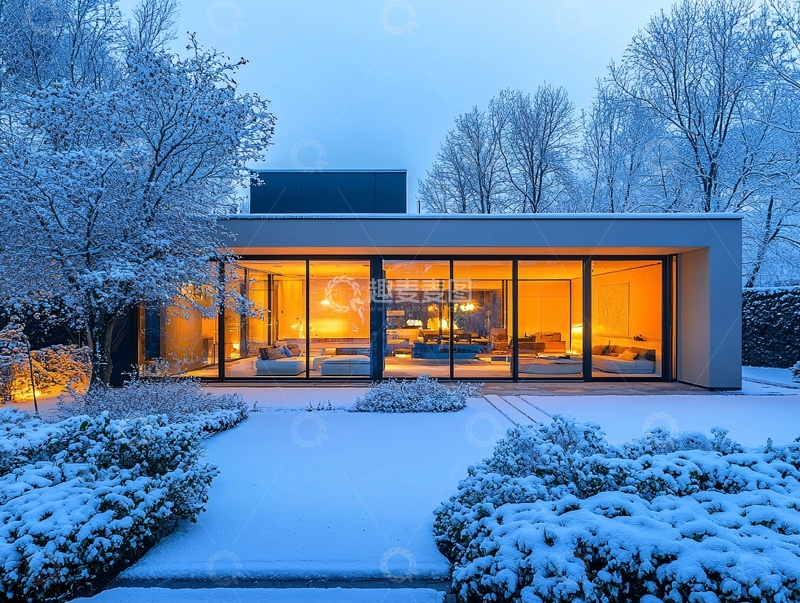高清大图下载【趣麦麦图】冬夜雪景现代住宅