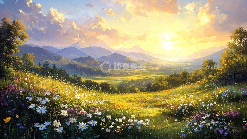 高清大图下载【趣麦麦图】金色阳光下的山谷花海