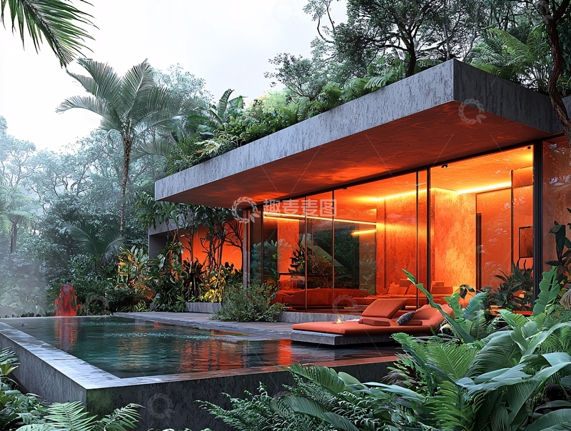 高清大图下载【趣麦麦图】热带雨林别墅夜景