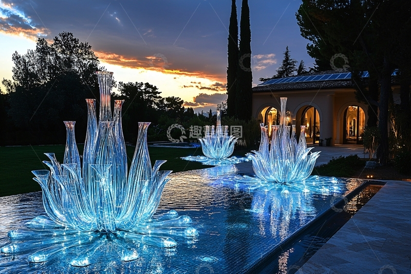 高清大图下载【趣麦麦图】夜景玻璃莲花喷泉