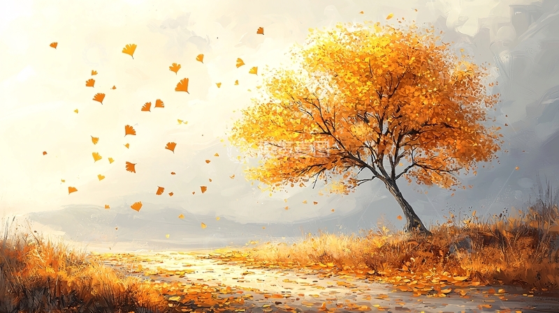 高清大图下载【趣麦麦图】秋日落叶孤树风景画