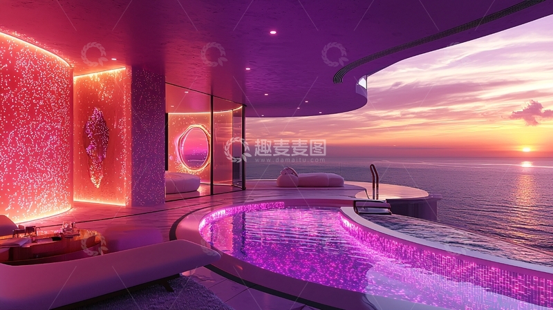高清大图下载【趣麦麦图】海景泳池别墅夜景