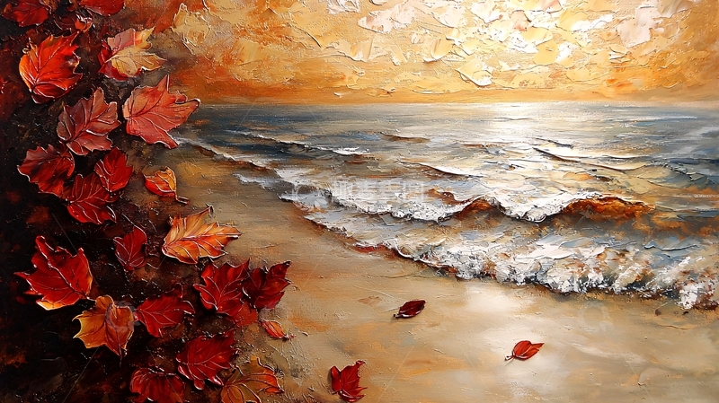 高清大图下载【趣麦麦图】秋季海滩落叶