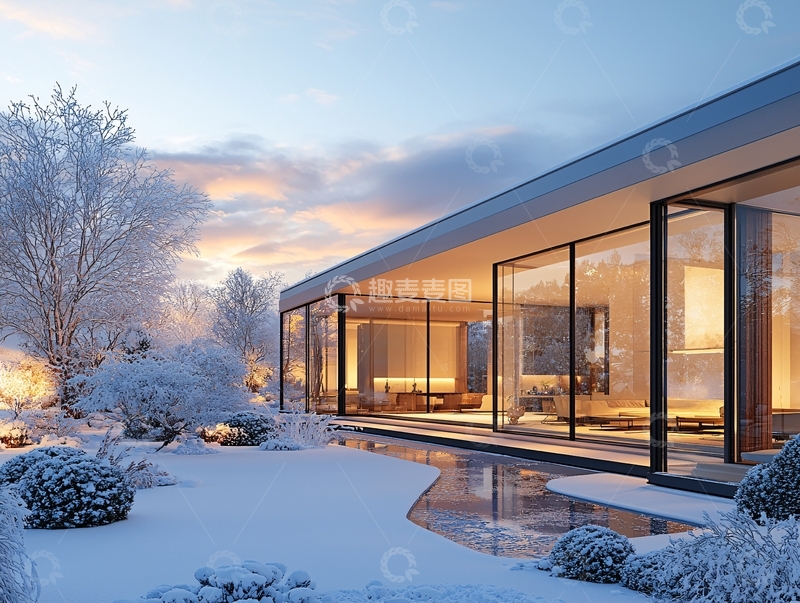 高清大图下载【趣麦麦图】极简现代雪景别墅