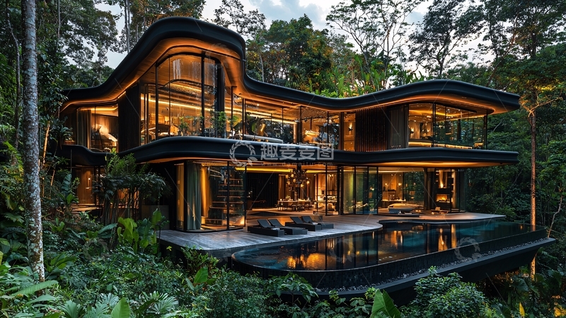 高清大图下载【趣麦麦图】森林豪宅夜景