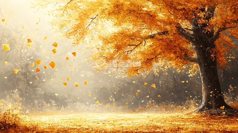 高清大图下载【趣麦麦图】秋日金黄落叶树林