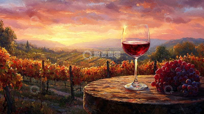 高清大图下载【趣麦麦图】红酒夕阳葡萄园风景