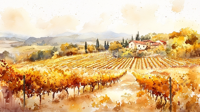 高清大图下载【趣麦麦图】秋日葡萄园水彩画