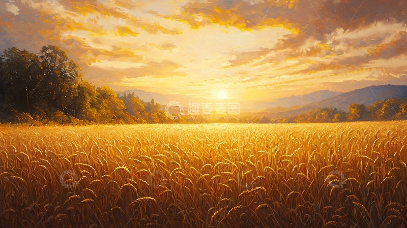 高清大图下载【趣麦麦图】金色麦田日落景色