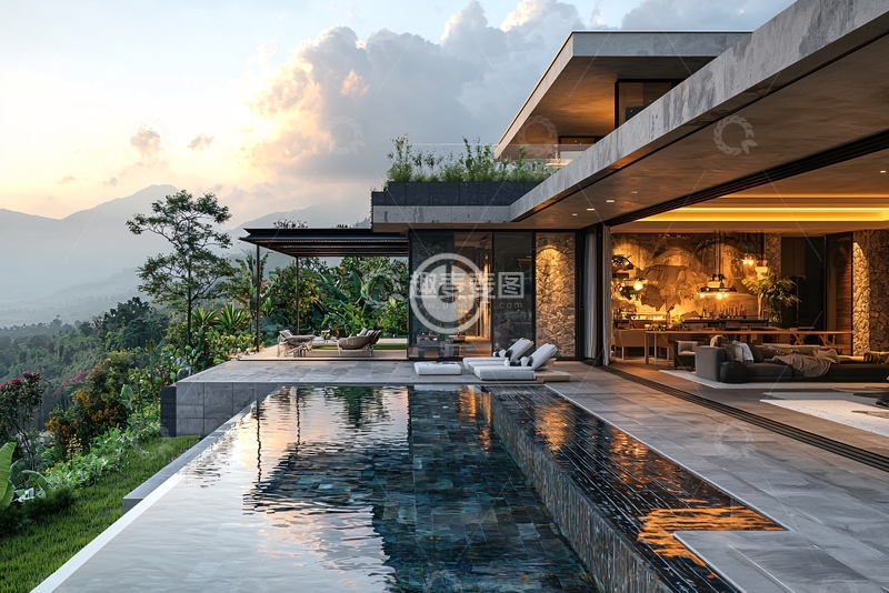 高清大图下载【趣麦麦图】现代山景别墅泳池
