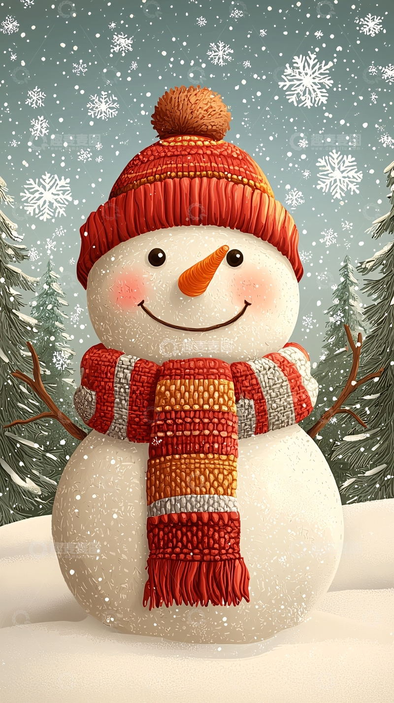 高清大图下载【趣麦麦图】可爱雪人戴红帽子围巾