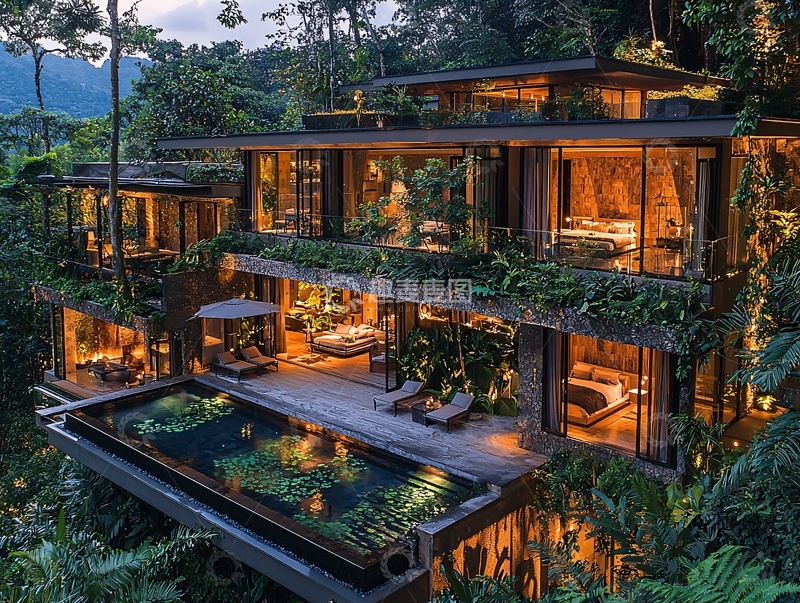 高清大图下载【趣麦麦图】热带雨林别墅夜景