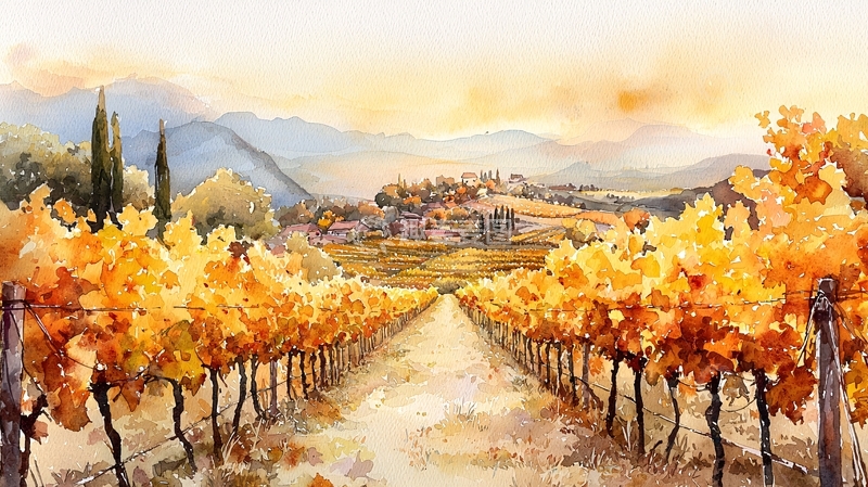 高清大图下载【趣麦麦图】秋日葡萄园水彩画