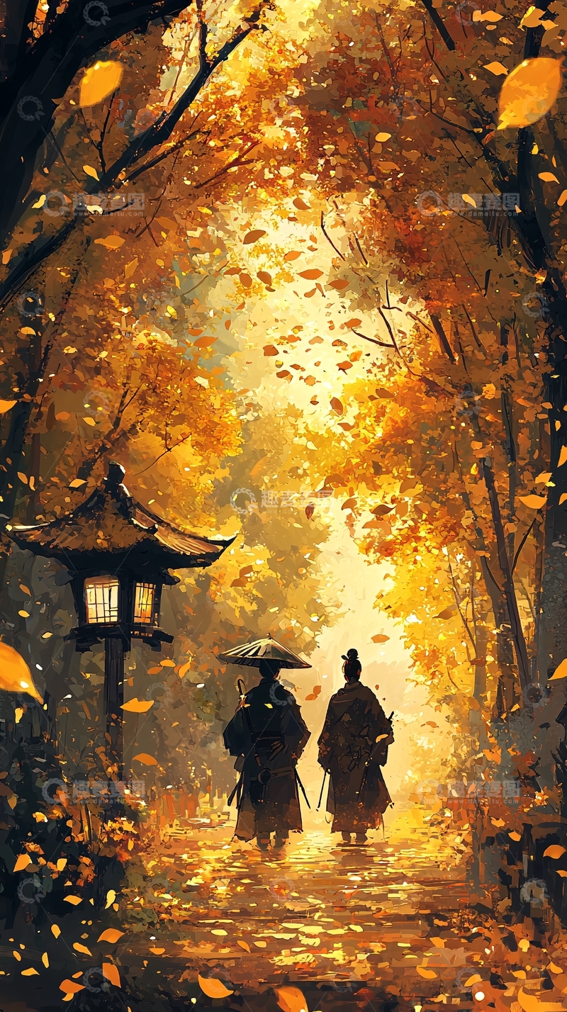 高清大图下载【趣麦麦图】秋日武士漫步枫叶小径