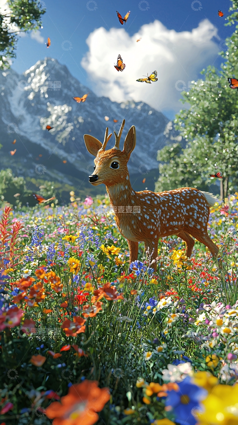 高清大图下载【趣麦麦图】小鹿在花海中与蝴蝶嬉戏