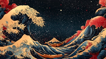 星空大海巨浪富士山