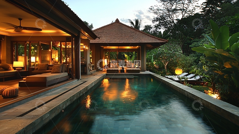 高清大图下载【趣麦麦图】私家泳池别墅夜景