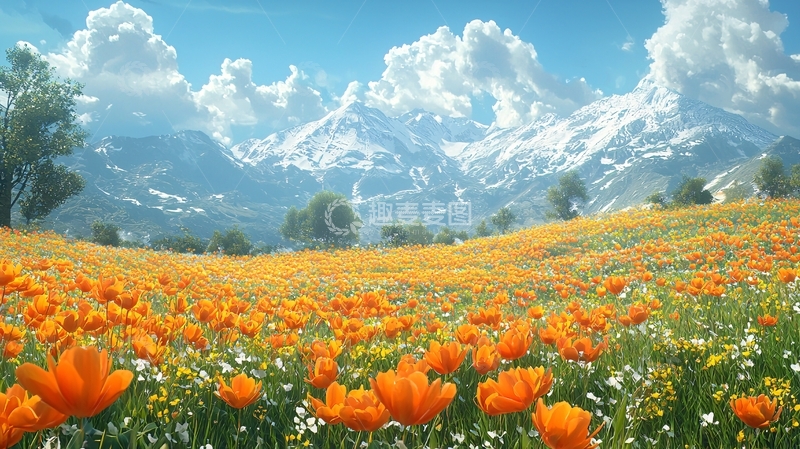 高清大图下载【趣麦麦图】阳光明媚的橙色花田雪山