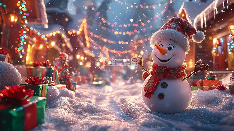 高清大图下载【趣麦麦图】圣诞节雪景小镇雪人