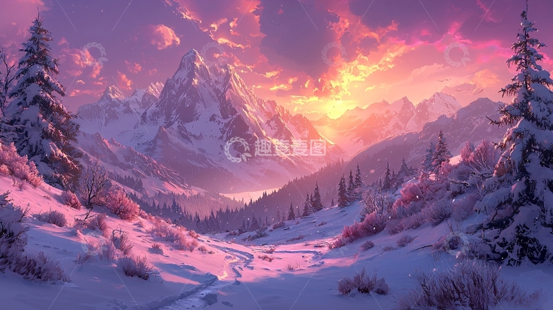 高清大图下载【趣麦麦图】梦幻雪山日落