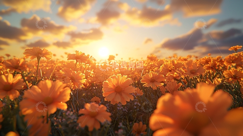 高清大图下载【趣麦麦图】夕阳下橙色花海