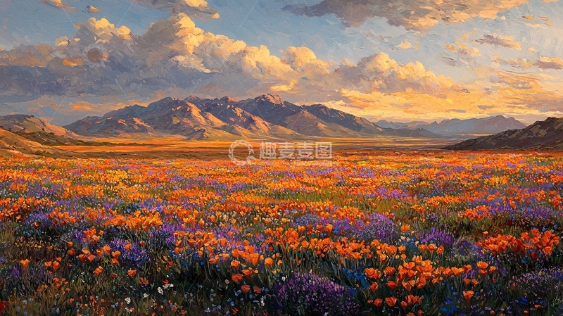 高清大图下载【趣麦麦图】落日余晖下的花海山峦