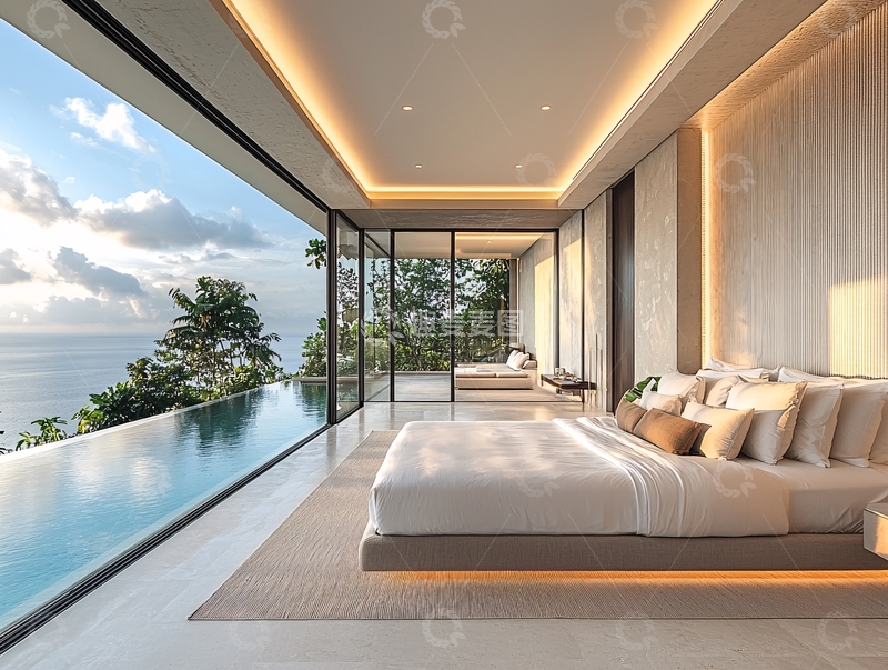 高清大图下载【趣麦麦图】极简风海景泳池卧室