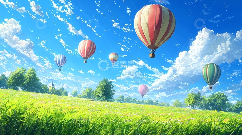 高清大图下载【趣麦麦图】热气球飞跃绿色田野