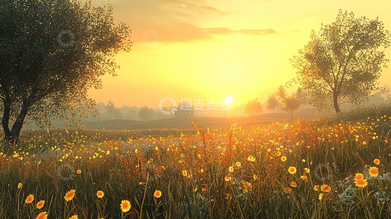 高清大图下载【趣麦麦图】清晨田野花海日出