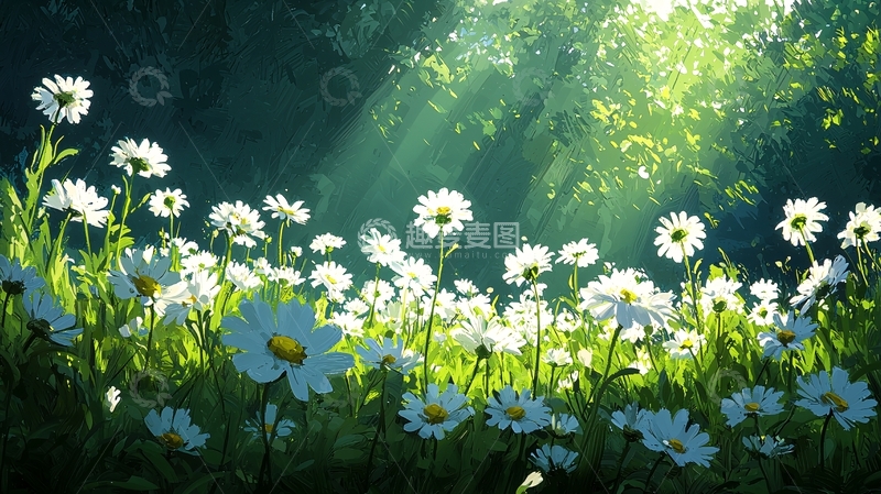 高清大图下载【趣麦麦图】阳光森林里的白色雏菊花田
