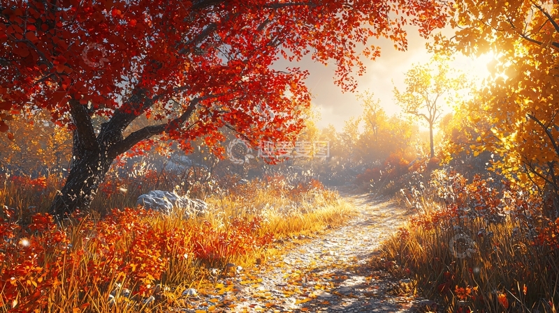 高清大图下载【趣麦麦图】秋日暖阳下的红叶小路