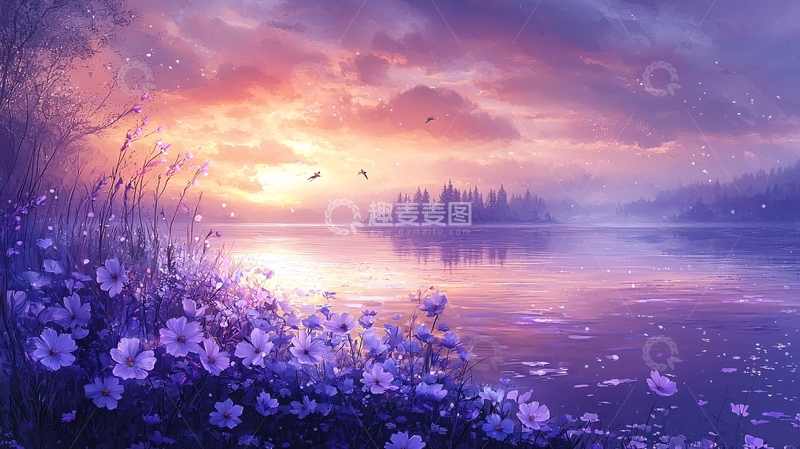 高清大图下载【趣麦麦图】梦幻紫霞落日湖景
