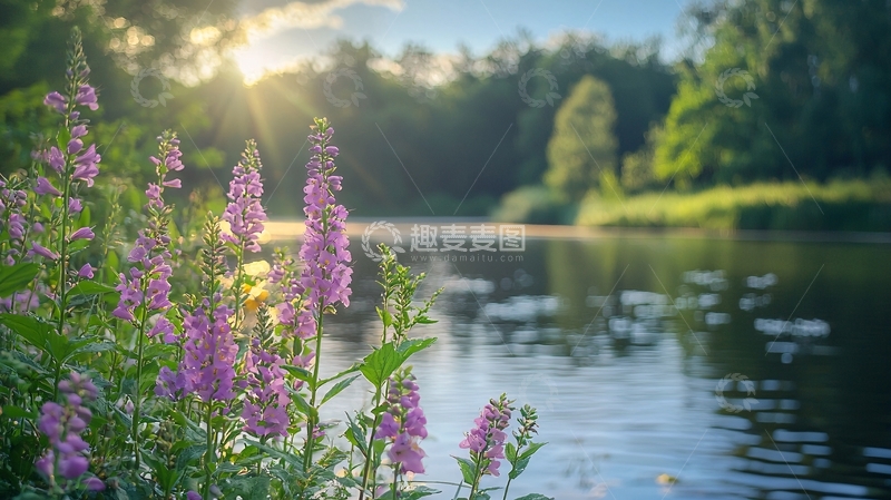 高清大图下载【趣麦麦图】夕阳下湖边盛开的紫花